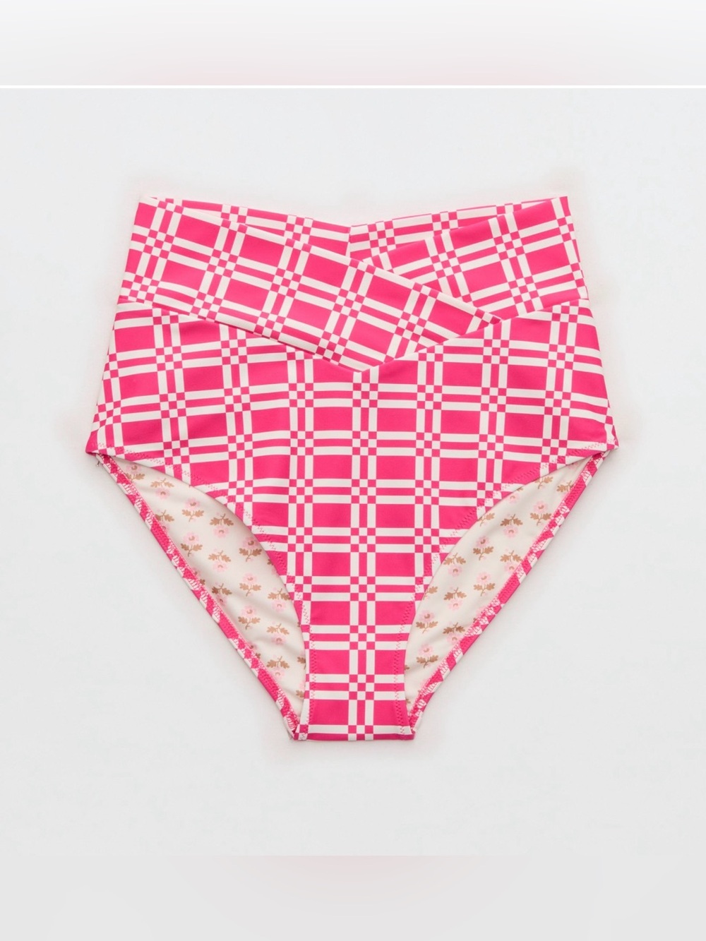 Aerie High Rise Full Coverage Crossover Bikini Bottom NWT Pink Punch Plaid Swim - Picture 3 of 4